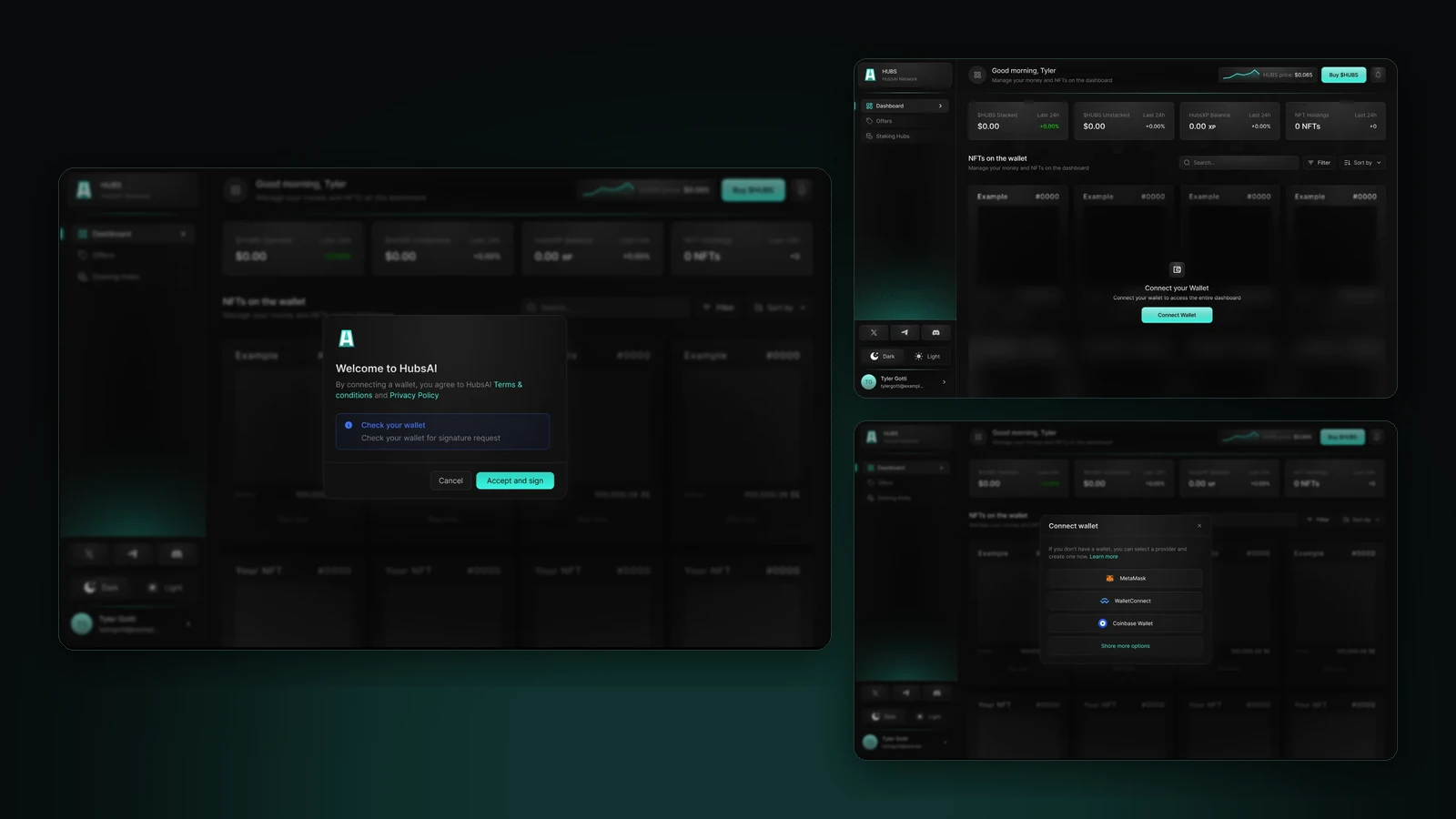 The wallet connect flow: the empty dashboard, the wallet picker and the welcome and sign step