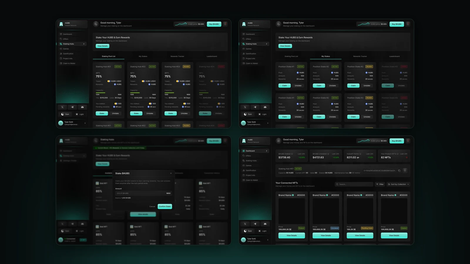 Staking: pool list, my stakes, the stake dialog and the dashboard