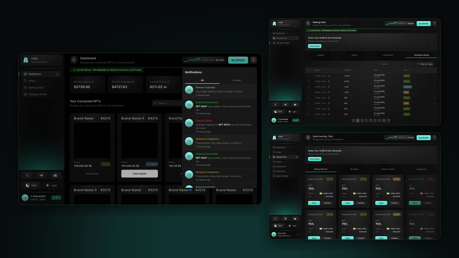 Notifications with failure and congestion states, transaction history and the staking hub dashboard