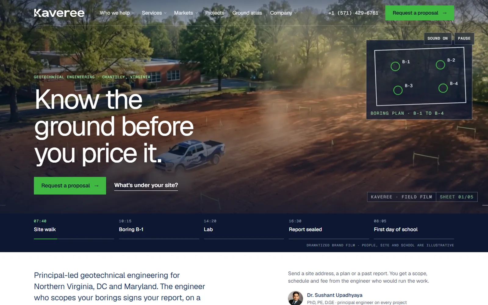 The new Kaveree home page: 'Know the ground before you price it' over a field film, the principal engineer and the next step