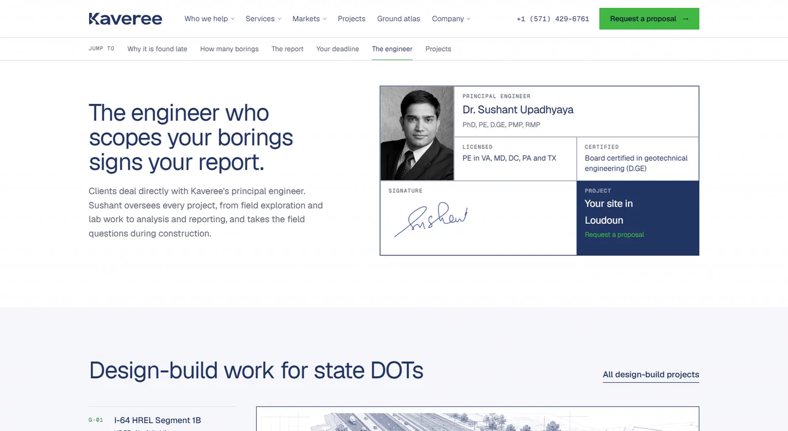The principal engineer's title block: his licences, his signature and 'Your site in Loudoun'