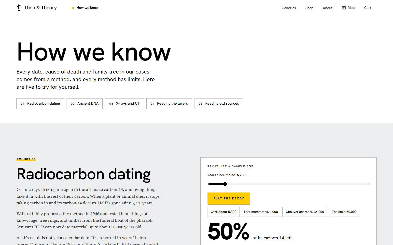 The How we know page: five methods, opening on radiocarbon dating with a decay demo