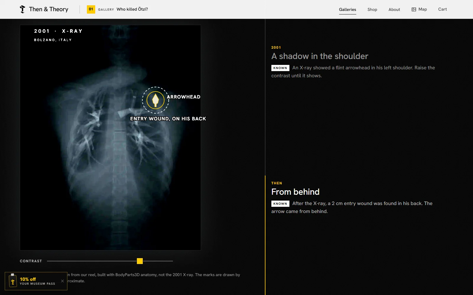 The Ötzi gallery: an X-ray with the arrowhead marked, and claims stamped Known