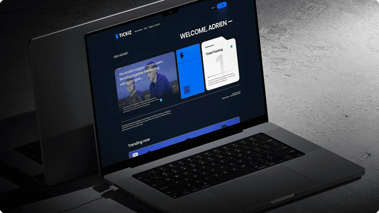 The TICKIZ web app on a laptop, with an event ticket and its QR code
